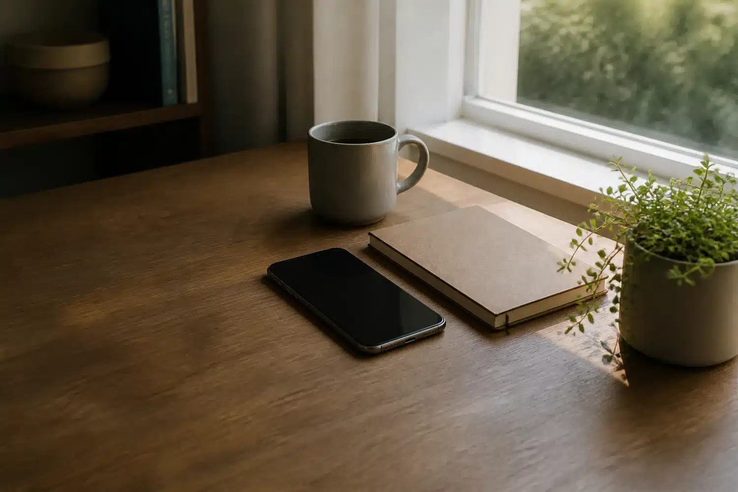 Illustrative smartphone on a desk beside a closed notebook and a mug