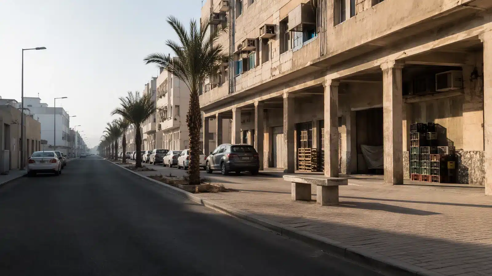 Illustrative commercial street in Qatar with a shaded arcade, palms and parked cars