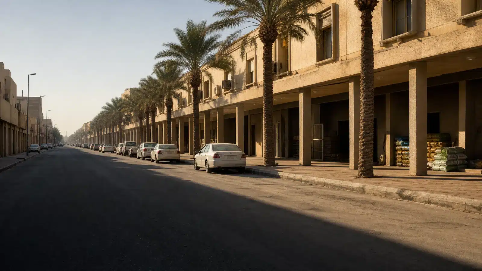 Illustrative commercial street in Saudi Arabia with a colonnade, date palms and parked cars
