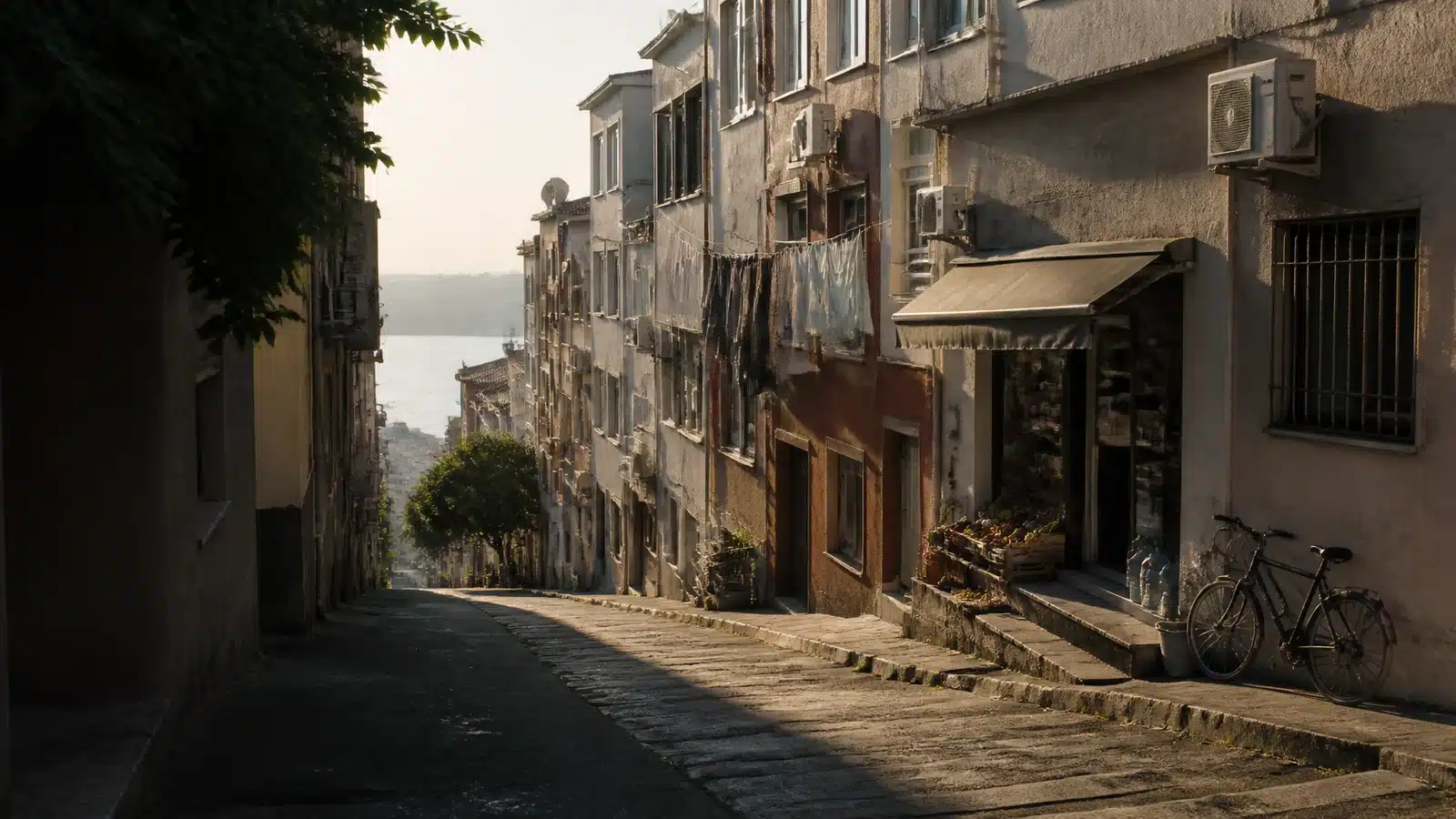 Illustrative residential back street in Turkey with apartment facades, steps and strung laundry