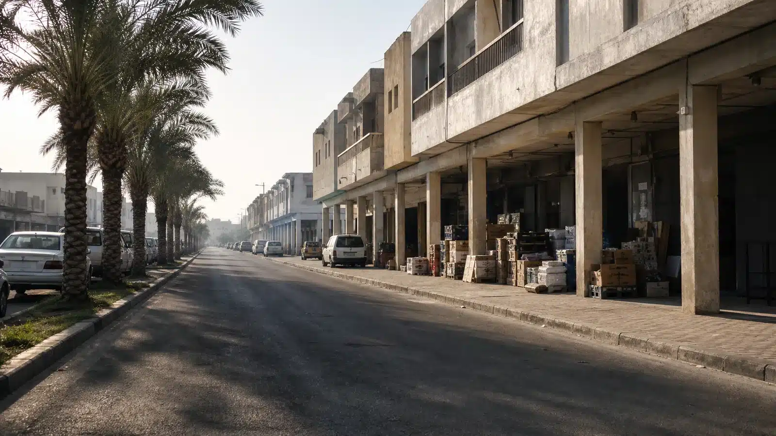 Illustrative older commercial lane in the United Arab Emirates with a shaded arcade and parked cars