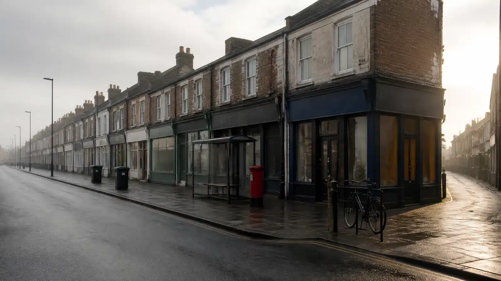 Illustrative high street in the United Kingdom with brick shopfronts, a bus shelter and wet paving