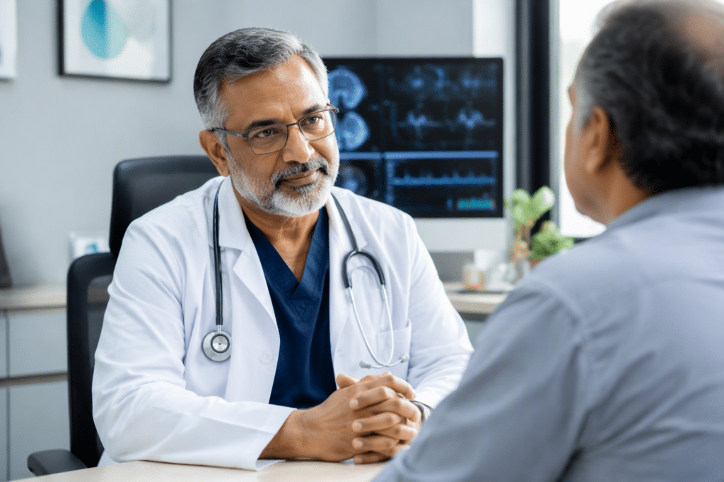 A doctor reviewing notes at a desk.