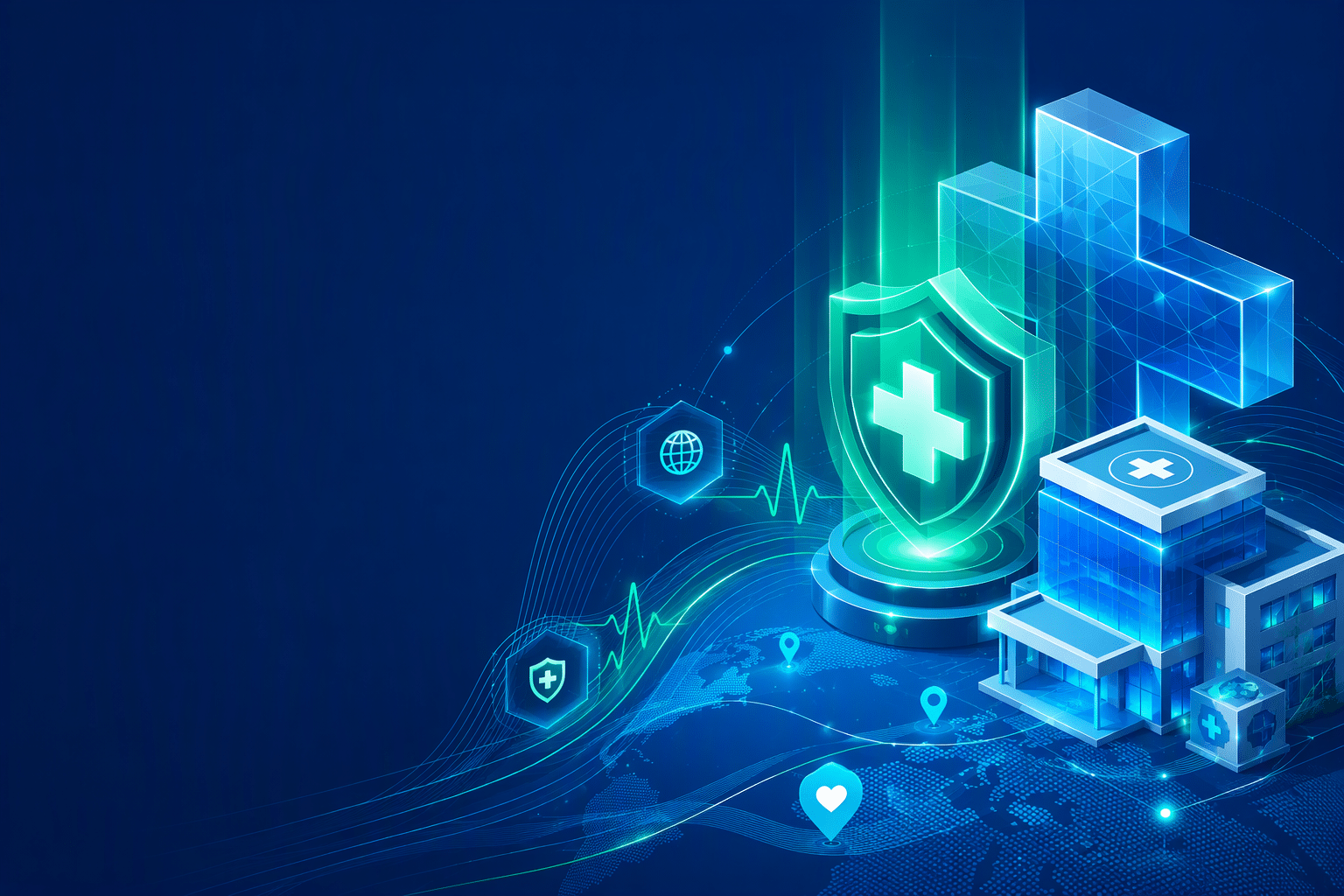 AbroadGuideBD healthcare travel illustration showing an abstract geometric medical cross, trust shield emblem, and luminous cross-border treatment pathway lines.