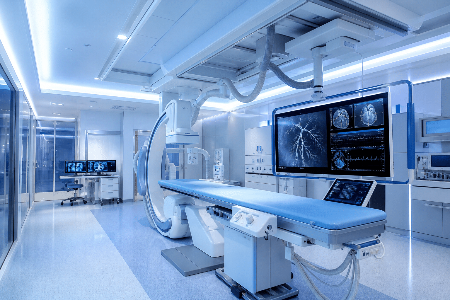 Modern cardiology diagnostic suite and cardiac catheterization lab with glowing monitors
